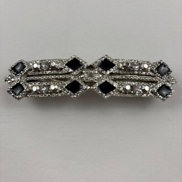 VTG Barrette Silver Tone Rhinestones Black Enamel Accents Hair Clip France - Picture 1 of 9